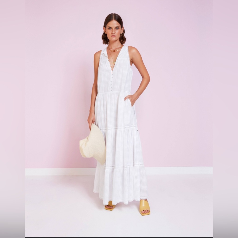 NWT Magali Pascal Sophia Sleeveless Cotton Maxi Dress White Tiered Skirt Size M